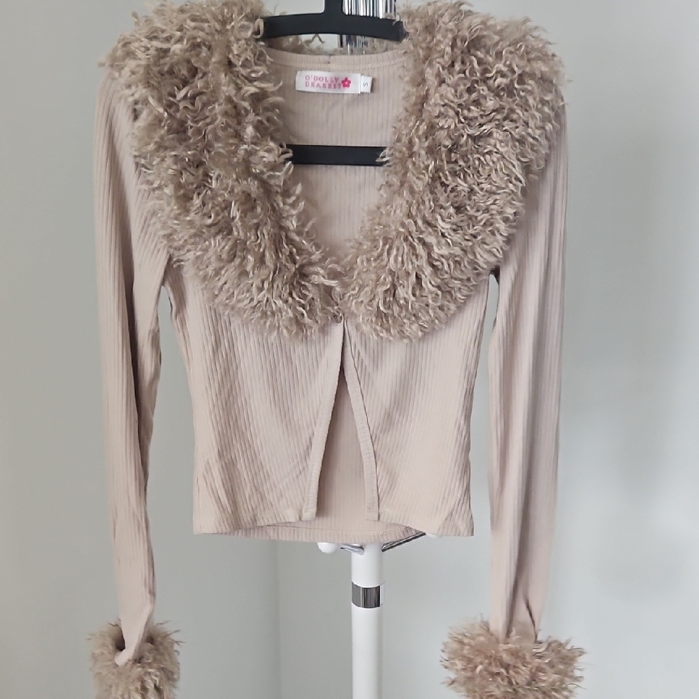 Beige Faux Fur Trimmed Women's Top